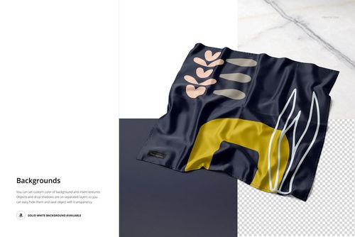Silk scarf mockup with narrow hem edges, showing geometric and botanical patterns in pastel colors on a dark background.