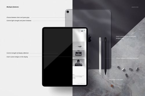 Front and back view of iPad Pro mockup set in silver and space gray, shown with stylus pens and metallic props on a gray surface.