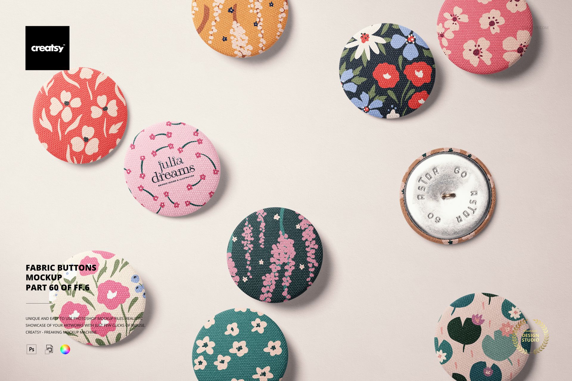 Assorted fabric buttons with colorful floral and abstract patterns displayed on a light surface in a top view mockup.