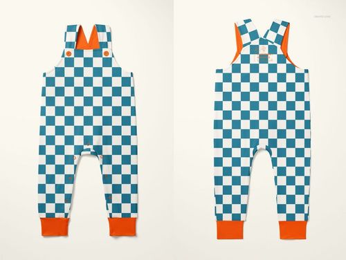 Kids overalls mockup featuring a blue and white checkerboard pattern with orange accents, shown front and back.