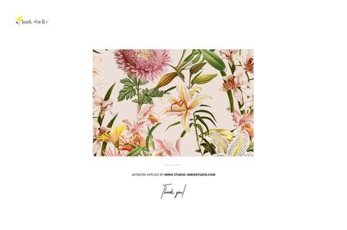 Front view of uncut cotton fabric sample mockup featuring a botanical floral pattern on a light background.