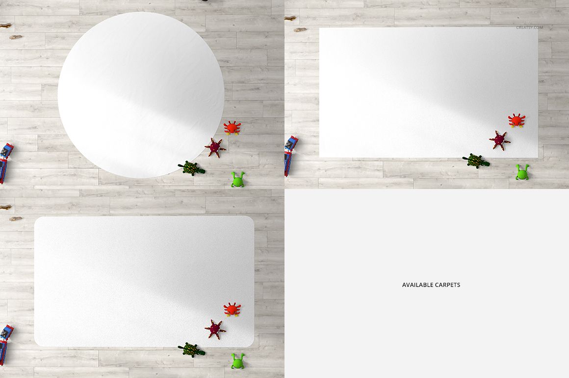 Kids room carpet mockup showing three white carpet shapes on a light wood floor with scattered toys nearby.