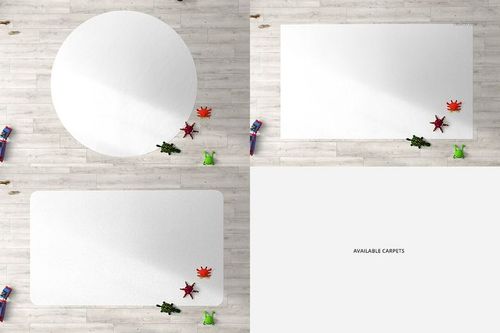 Kids room carpet mockup showing three white carpet shapes on a light wood floor with scattered toys nearby.