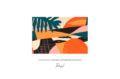 Front view of a square silk scarf mockup featuring bold geometric and leaf patterns in orange, pink, and teal.