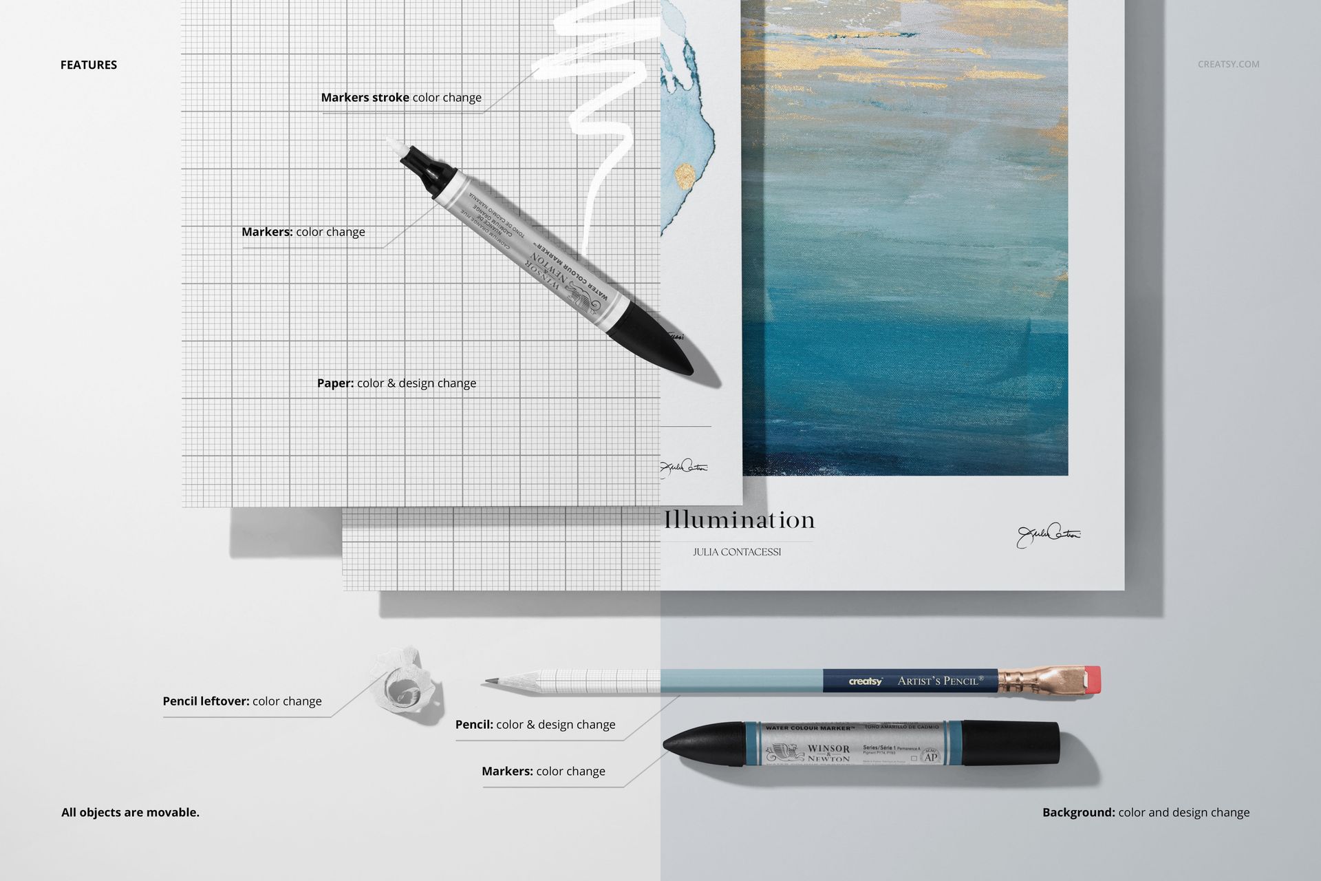 PSD mockup showing paper pads, grid sheet, markers, and pencil from a top perspective on a neutral background.