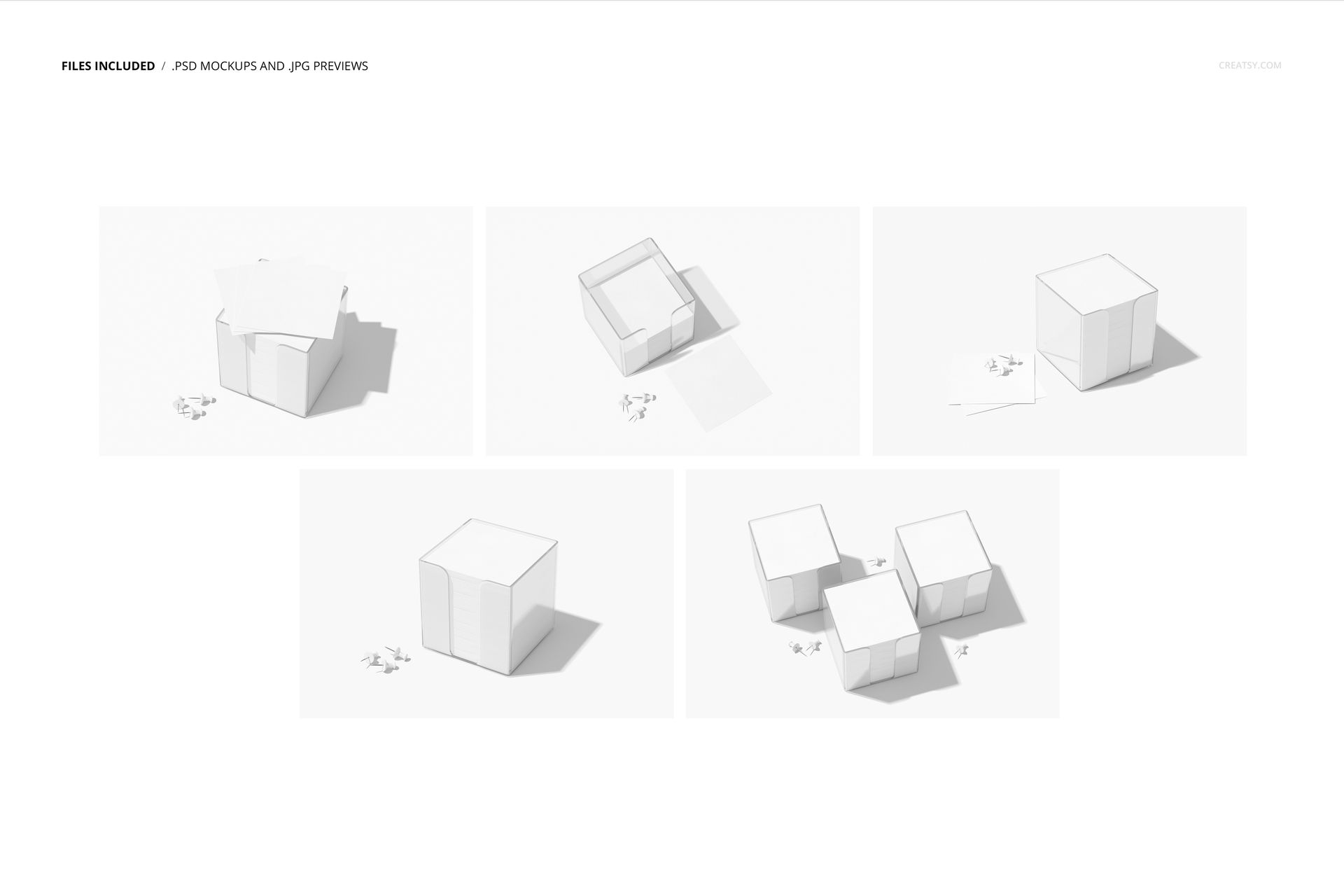 Stationery mockup featuring memo block cubes in transparent acrylic holders, shown from various angles with white sheets.