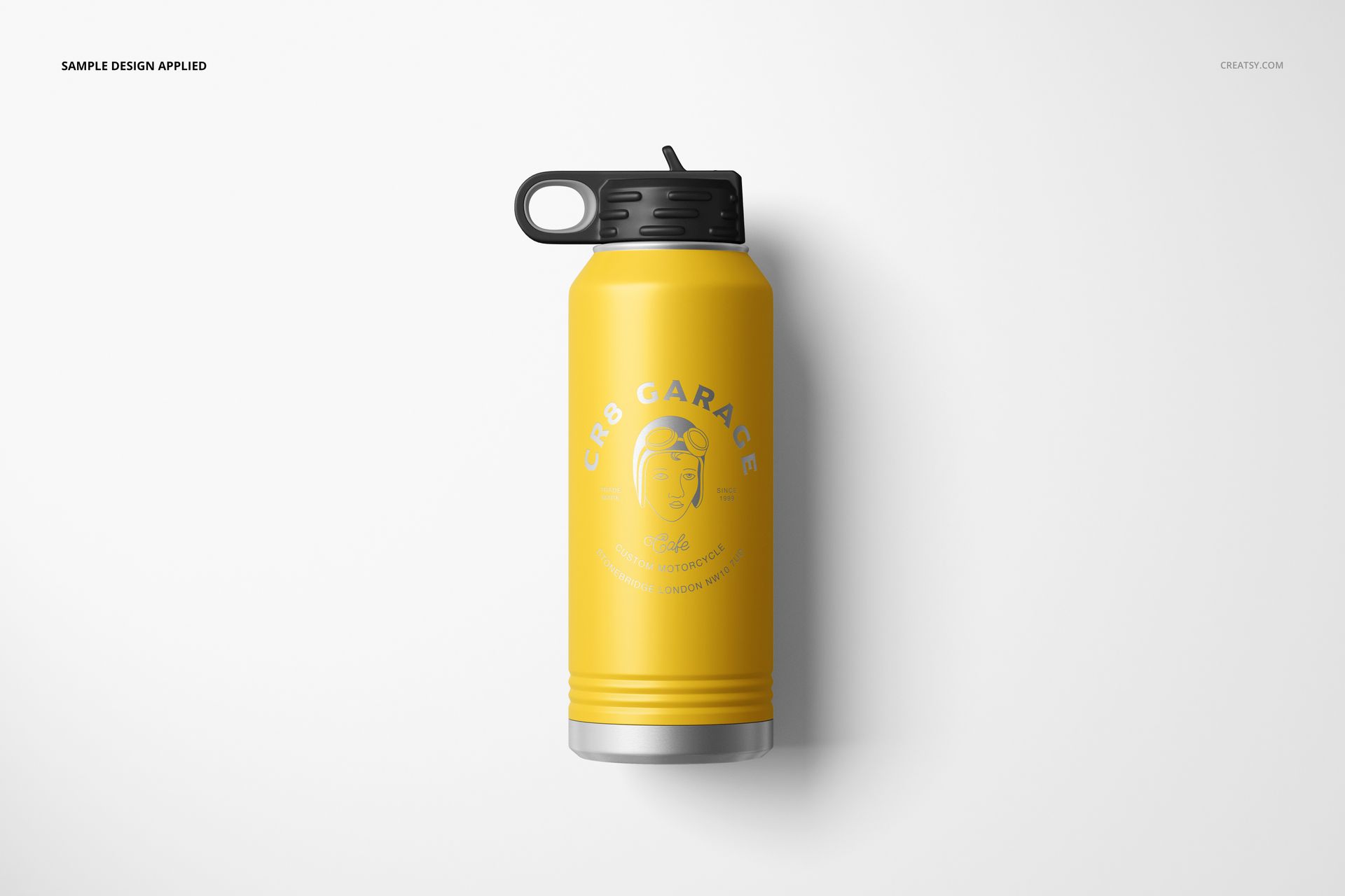 Front view of a yellow water bottle mockup with a black cap and silver bottom, featuring a subtle printed design.
