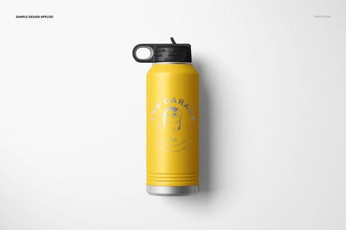 Front view of a yellow water bottle mockup with a black cap and silver bottom, featuring a subtle printed design.