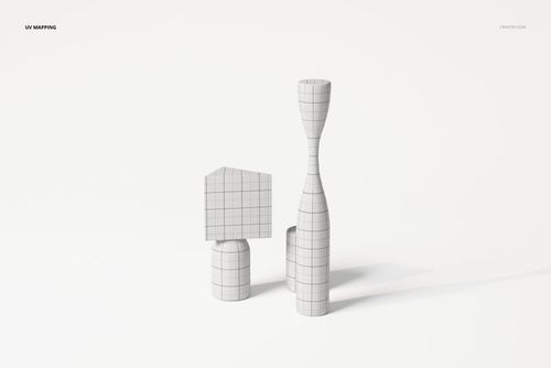 Front view of three cubist style decorative sculptures with grid pattern, displayed on a white background.