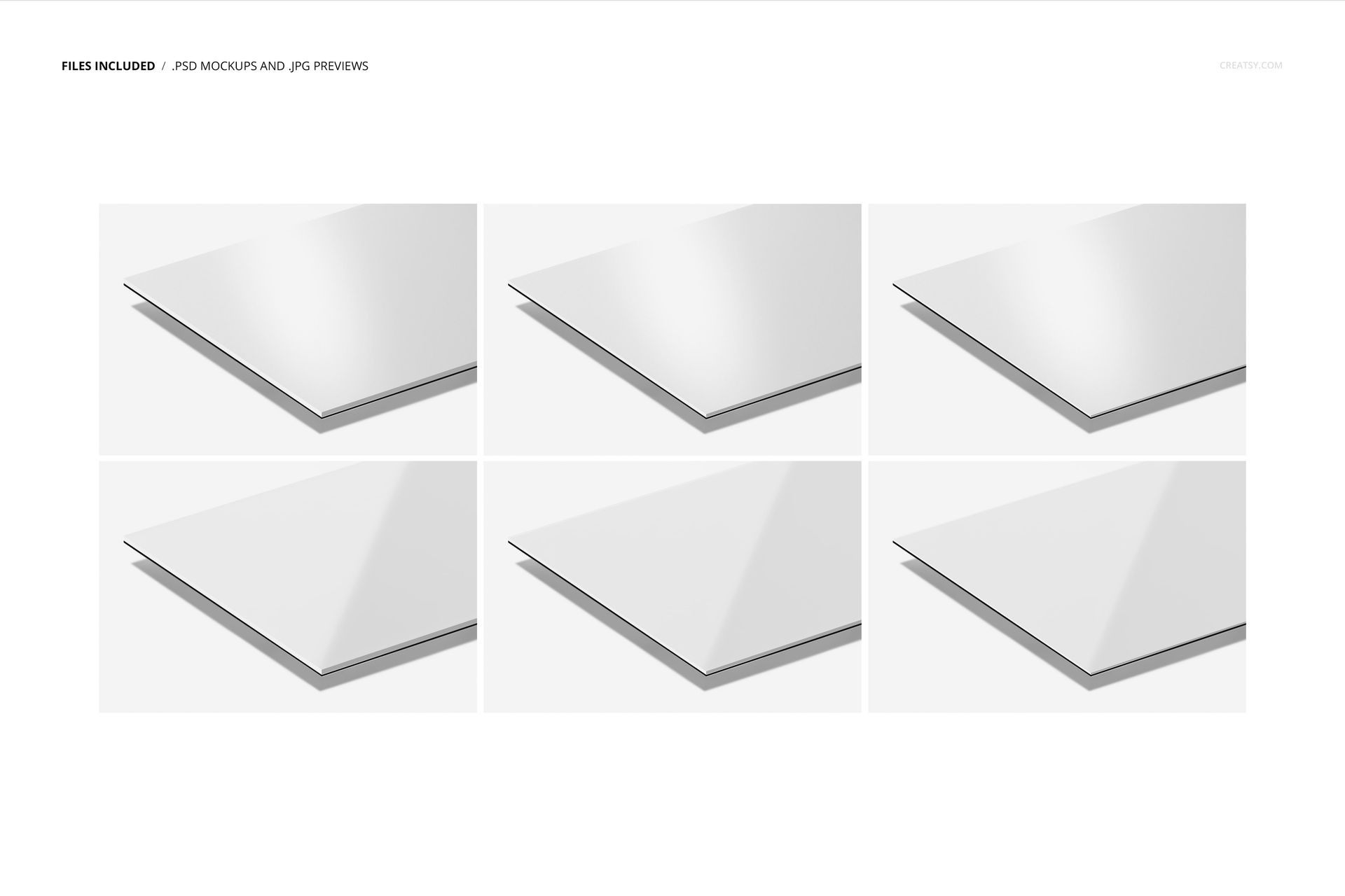 Six acrylic glass print mockups on aluminum backing, displayed in a grid with varying surface thickness and finishes.