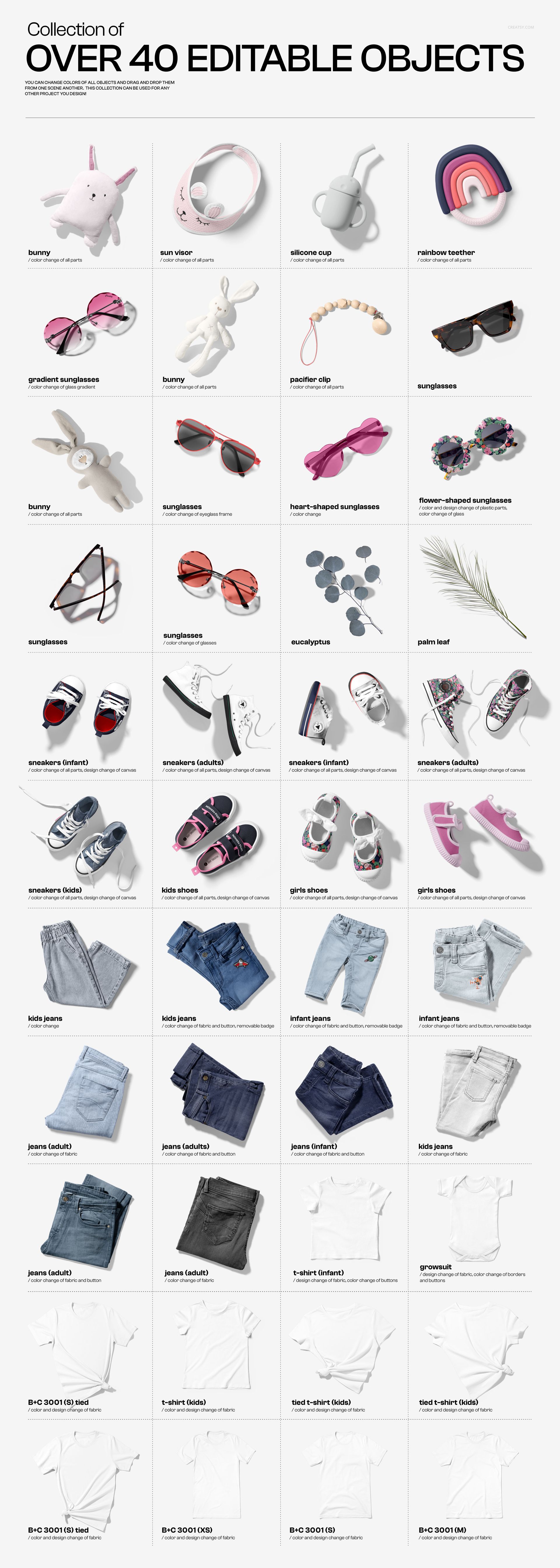 Family apparel mockup set featuring adult and children t-shirts, jeans, and accessories arranged on a white background.