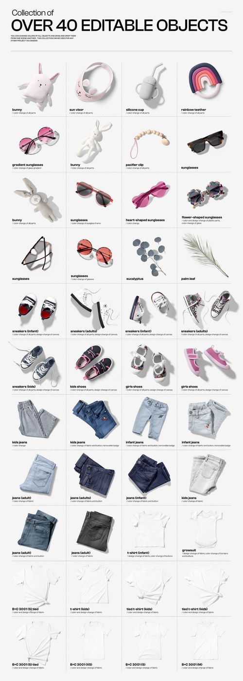 Family apparel mockup set featuring adult and children t-shirts, jeans, and accessories arranged on a white background.