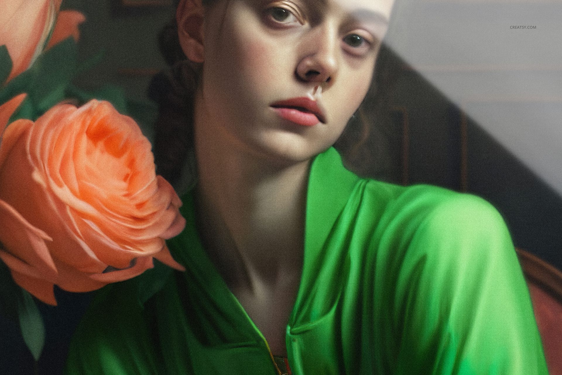 Glossy PVC poster mockup featuring a person in a bright green shirt beside large peach-colored flowers, front view.