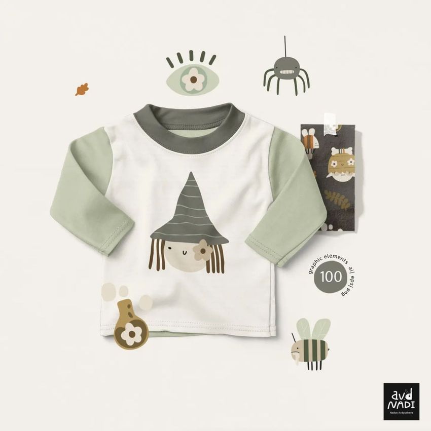 Kids long sleeve shirt mockup with green sleeves, featuring a cute witch illustration on the chest, surrounded by playful graphic elements.