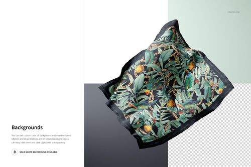 Floating square silk scarf mockup featuring a botanical and animal pattern, viewed from above on a white background.