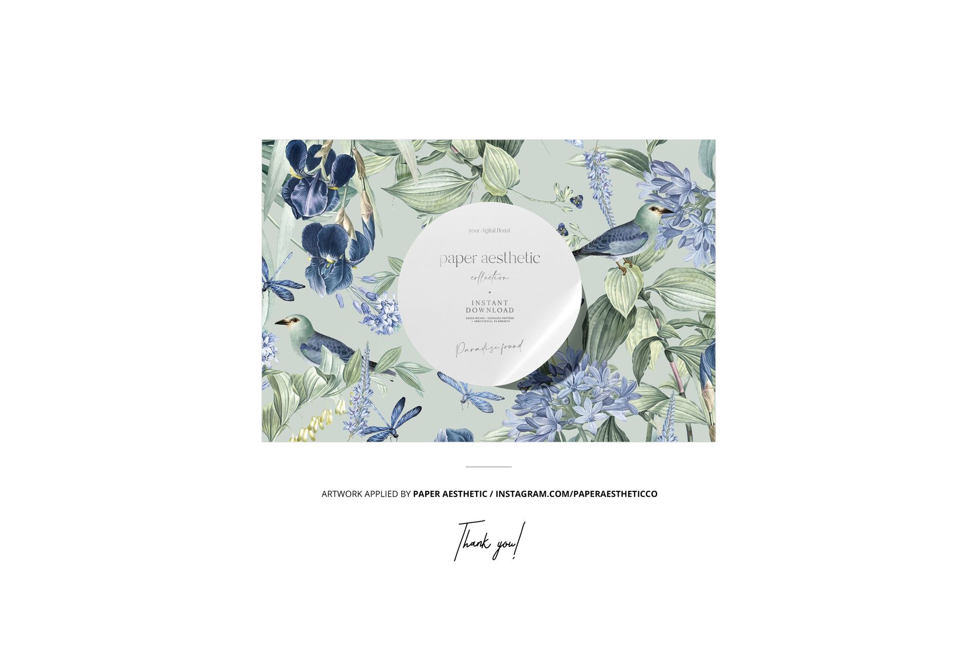 Fabric mockup featuring a leafy garden floor pattern with blue flowers and birds, shown from a top view.
