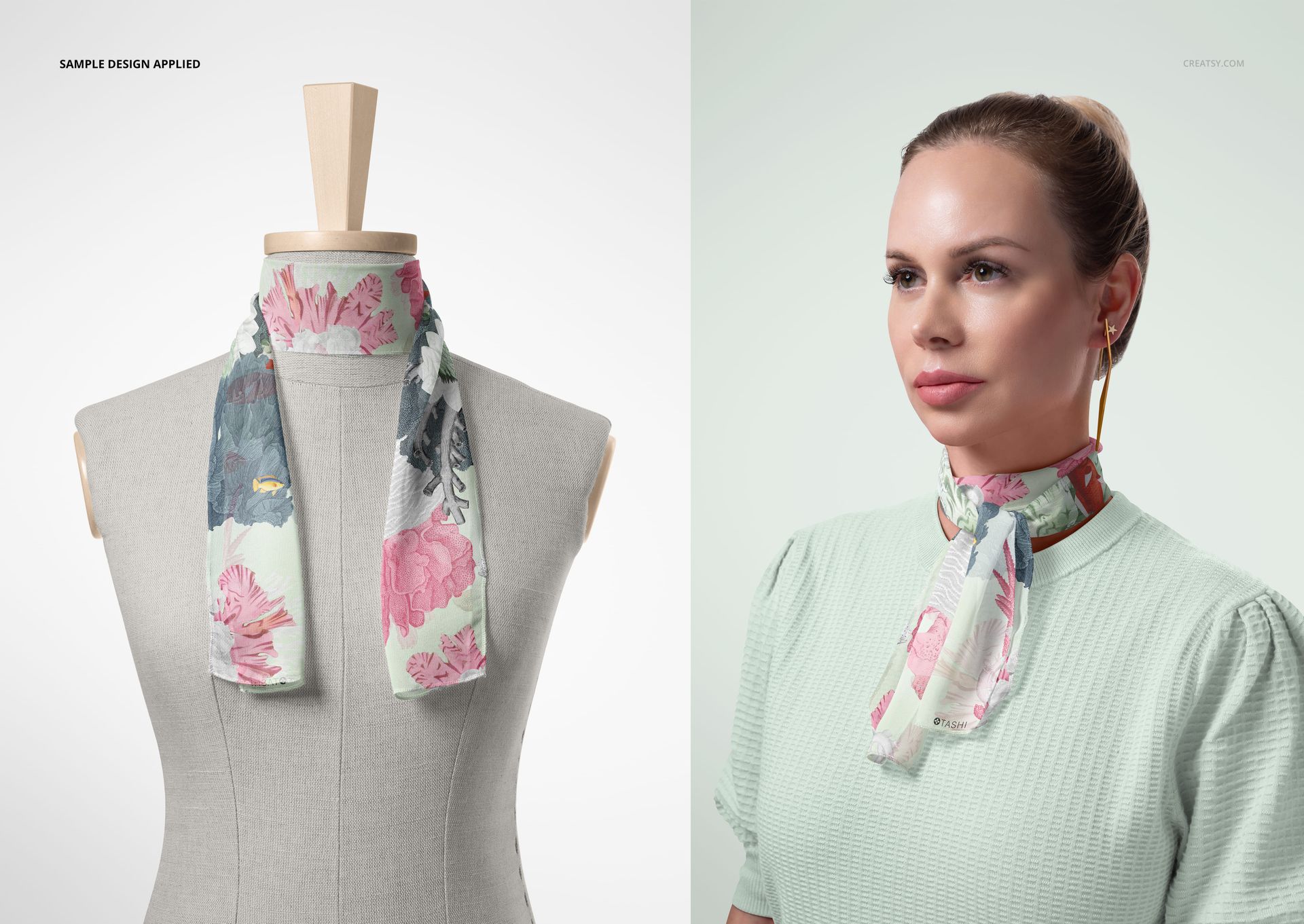 Long chiffon silk scarf with floral pattern, shown on a mannequin and tied around a neck, front view mockup.