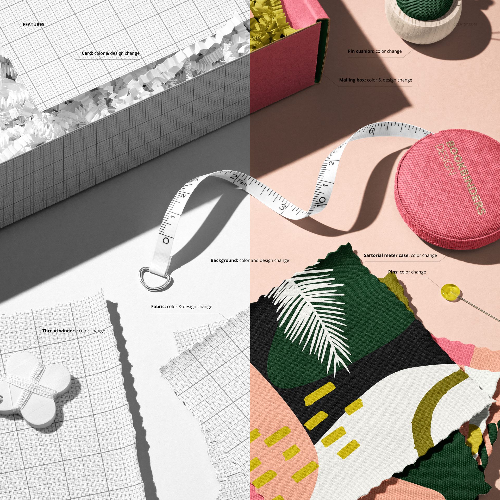 Mailing box with shredded paper, jersey fabric swatches, and sewing accessories arranged in a split scene mockup.