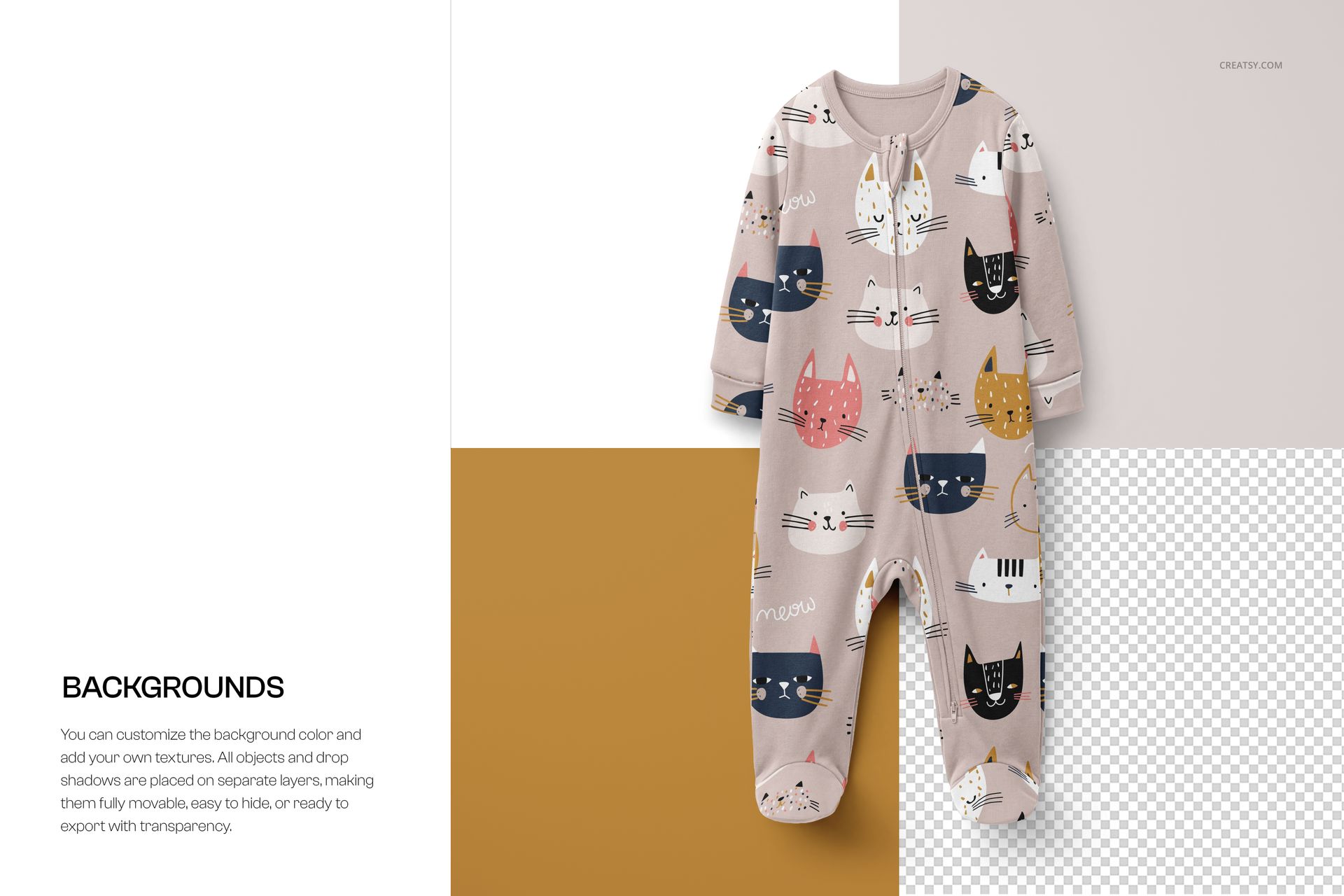 Front view of a baby sleepsuit mockup with cuffed sleeves, featuring a playful cat pattern on a neutral background.