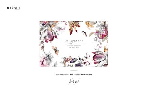 Fabric bolts mockup featuring a floral pattern with pink, purple, and yellow flowers on a white background, front view.