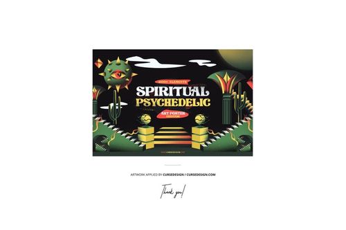 Front-facing psychedelic art poster mockup featuring bold colors, abstract forms, and fantasy-inspired graphics.