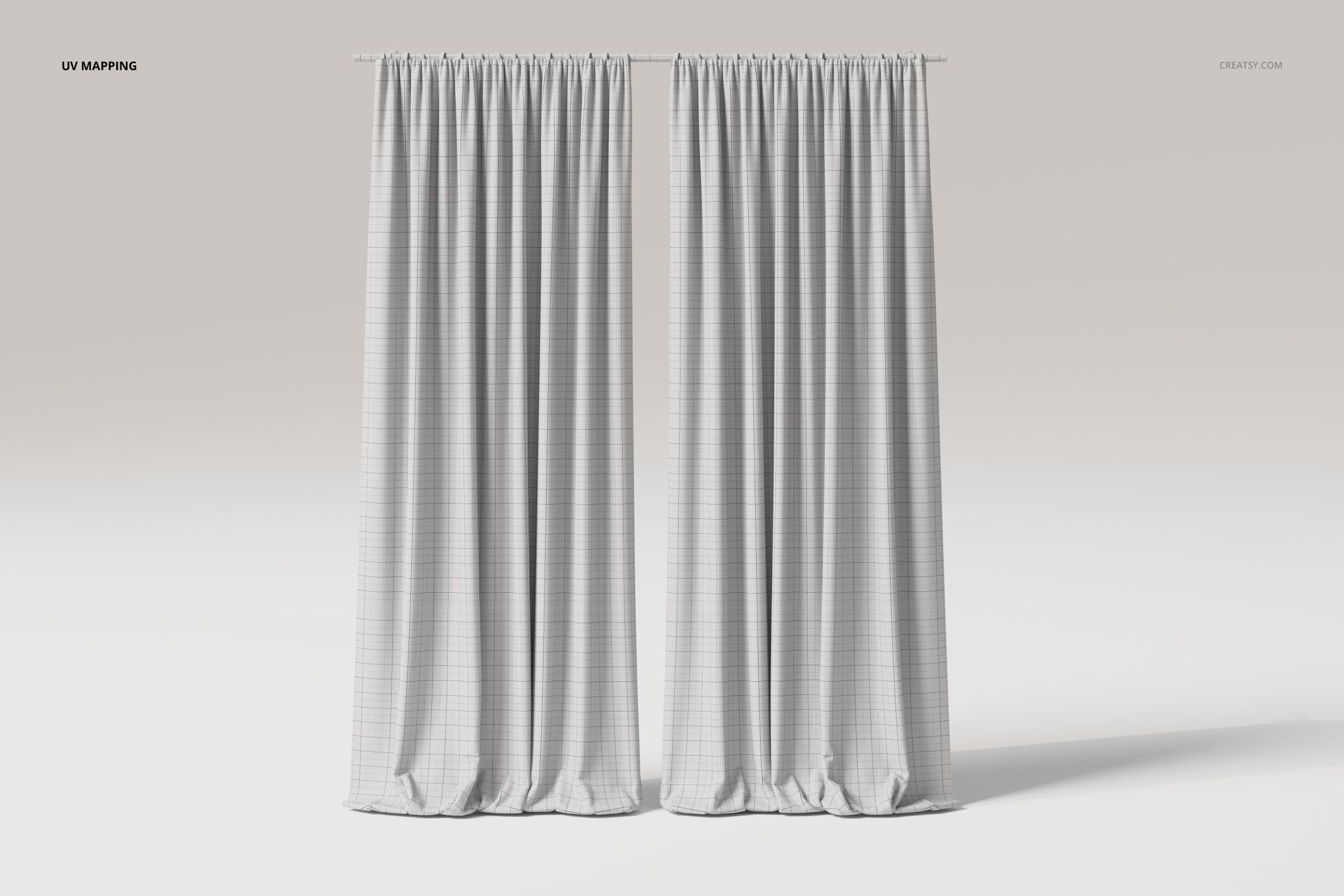Front view of two puddled velvet drapes with a subtle grid pattern, hanging from a rod against a plain background.