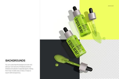 Front view of a green dropper bottle with black cap, spilled serum and dropper on a divided background mockup.
