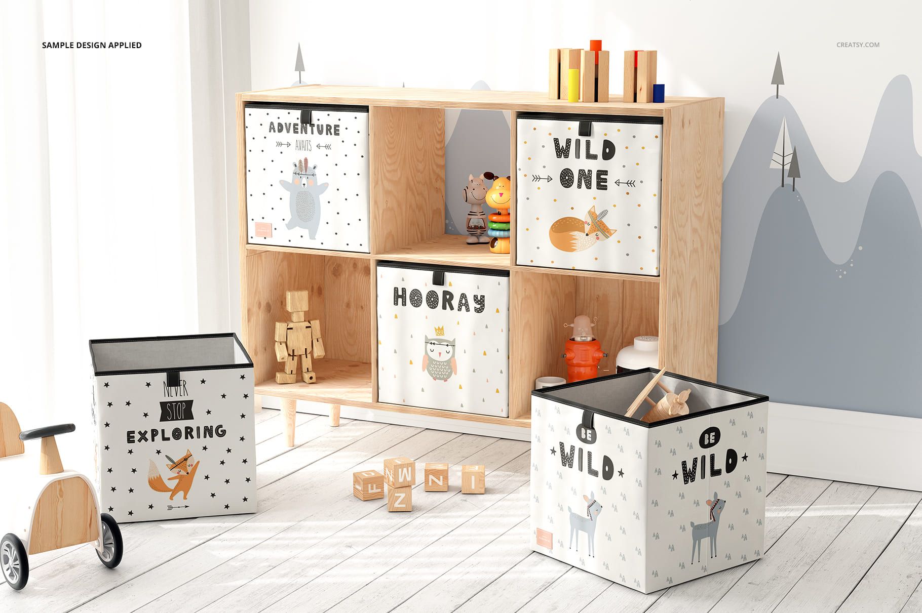 Children’s room featuring folding storage box mockup set with illustrated animals, stars, and adventure-themed text.