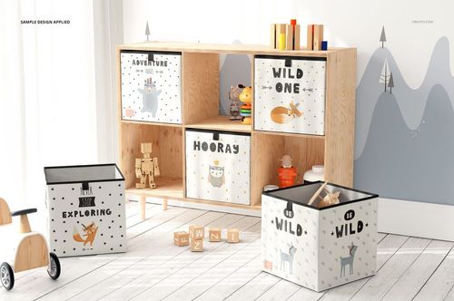 Children’s room featuring folding storage box mockup set with illustrated animals, stars, and adventure-themed text.
