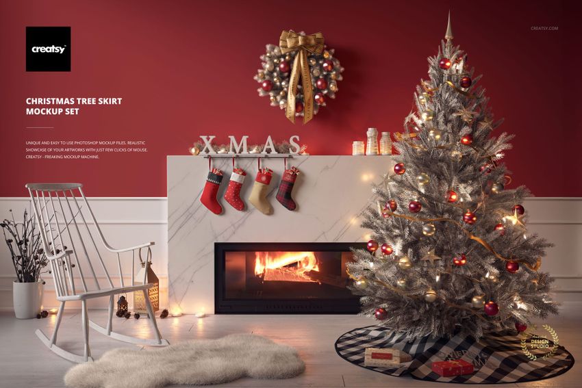 Holiday mockup featuring a silver Christmas tree, white skirt, marble fireplace, red wall, and festive decorations.