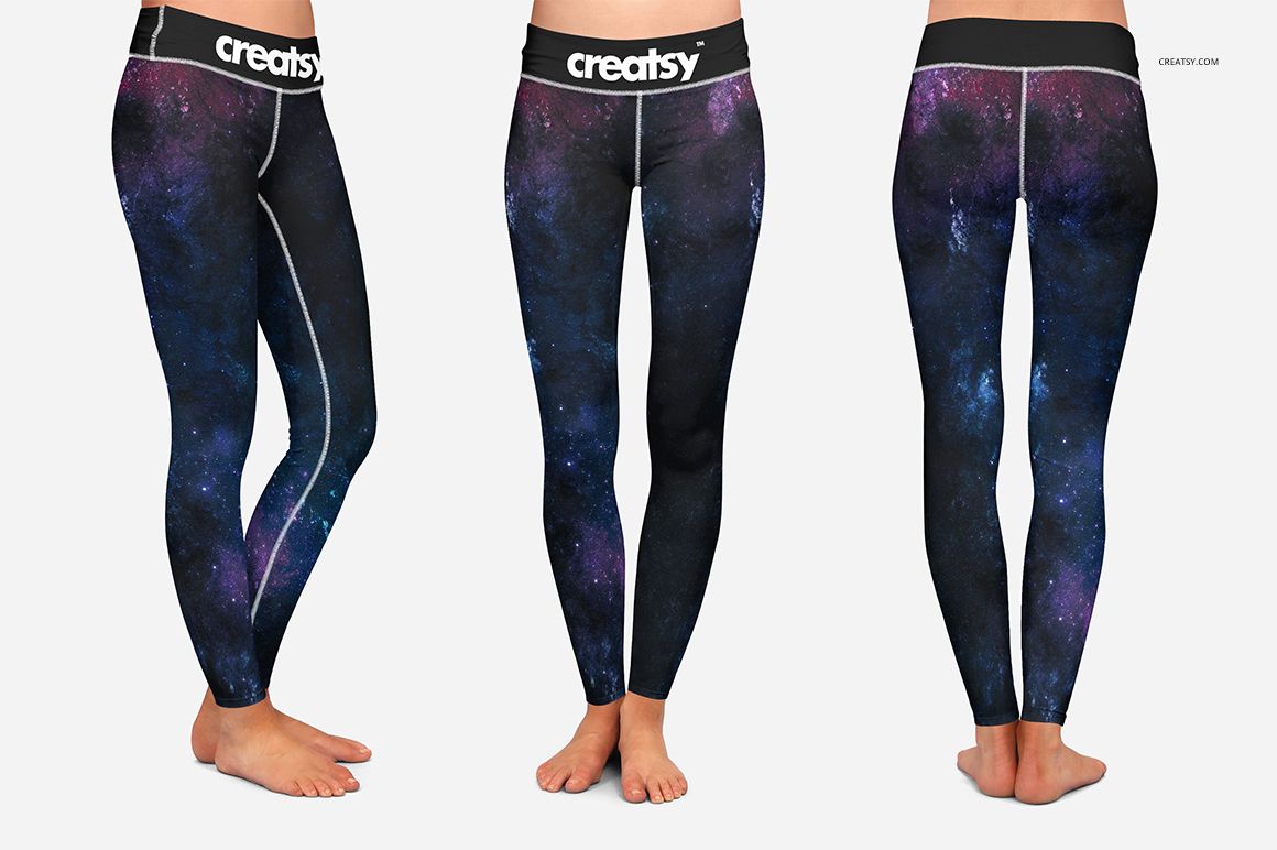 Set of three leggings mockup with cosmic print, presented in front, side, and back perspectives on a plain backdrop.