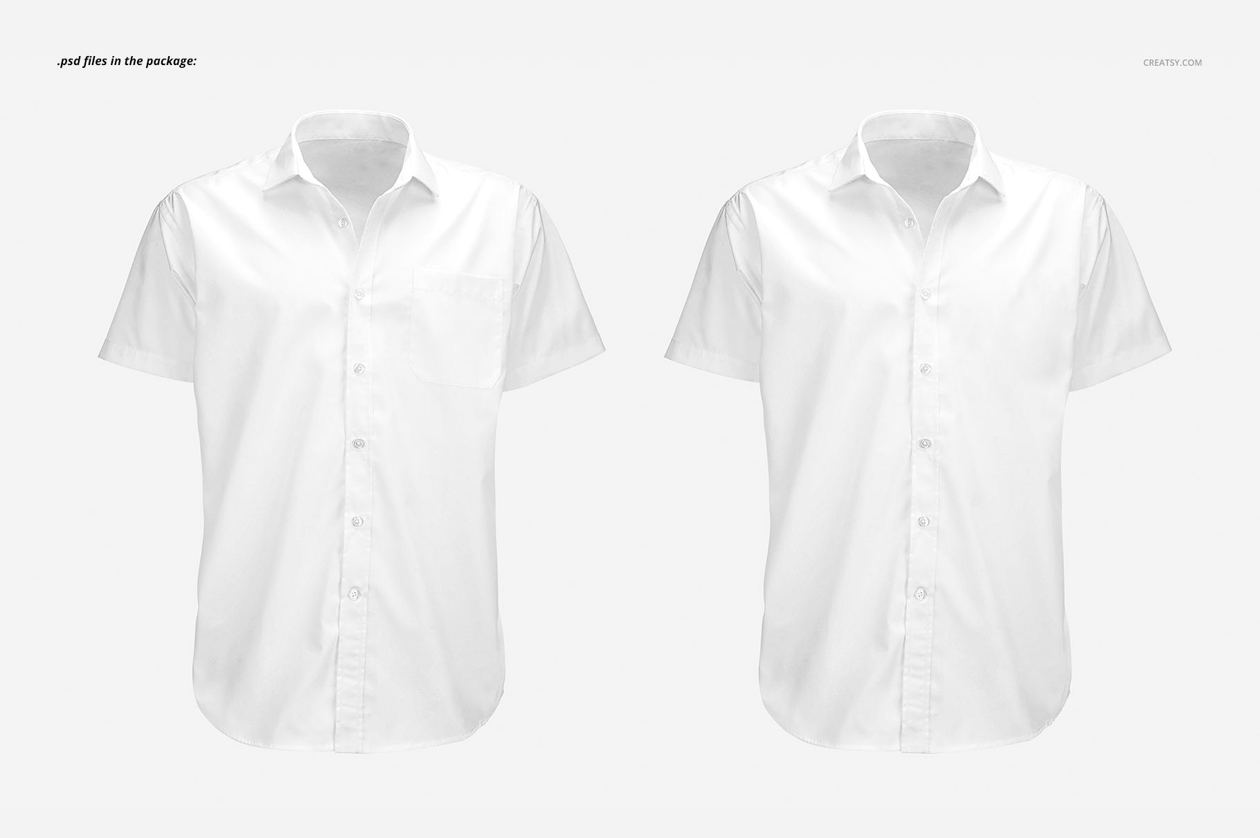 Short sleeve dress shirt PSD mockup featuring a pair of white shirts with collars and button closures, front perspective.