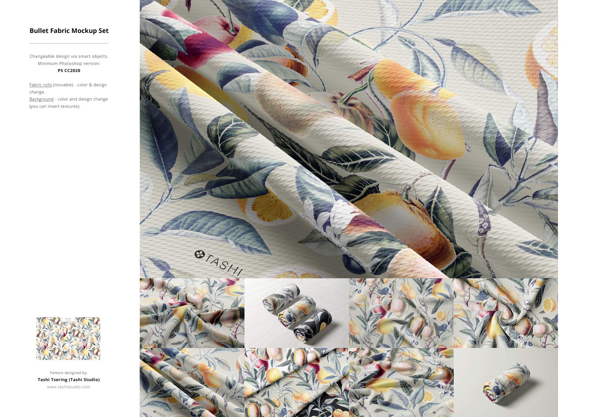 Textured fabric mockup displaying a colorful fruit and foliage design, arranged in layered folds from a front perspective.