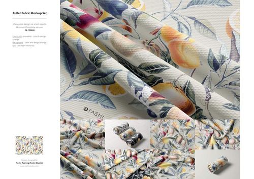 Textured fabric mockup displaying a colorful fruit and foliage design, arranged in layered folds from a front perspective.