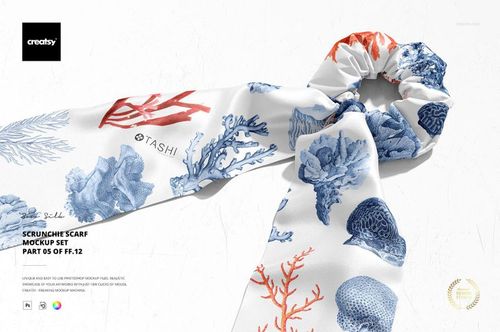 Fashion accessory mockup showing a scrunchie scarf featuring marine-inspired blue and red designs on white fabric.