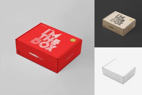 Mailing box mockup set featuring three boxes in red, brown, and white, shown from angled and top views.
