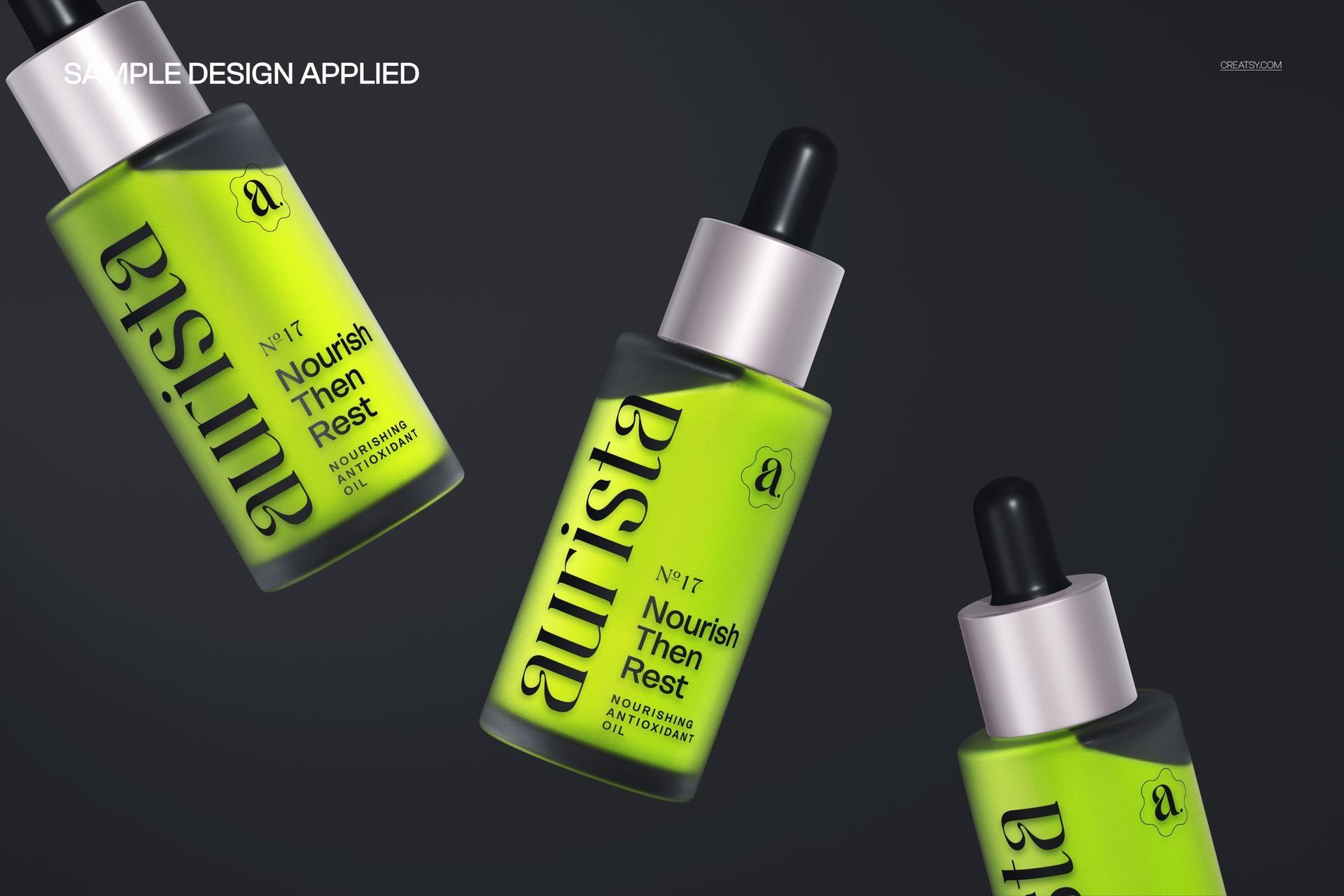 PSD mockup featuring a trio of dropper bottles with vivid green branding, arranged diagonally against a dark backdrop.