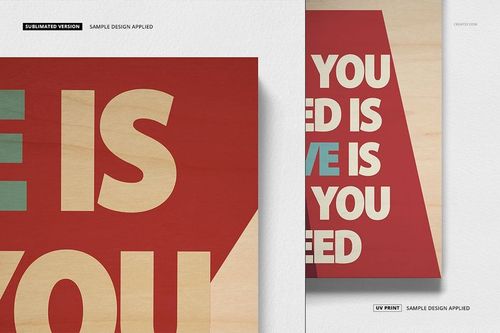 Wood plaque wall art mockup showing a close-up of rectangular plaques with bold text in red, beige, and blue colors.