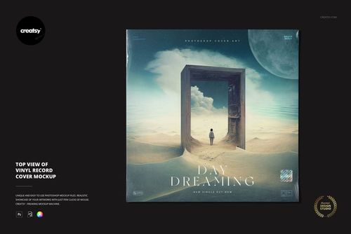 Top view of a vinyl record cover mockup featuring surreal artwork with a desert landscape and a large moon.