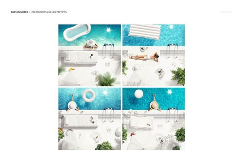 Top view of swimming poolside scene with white towels, inflatable pool floats, umbrellas, and greenery in a PSD mockup.