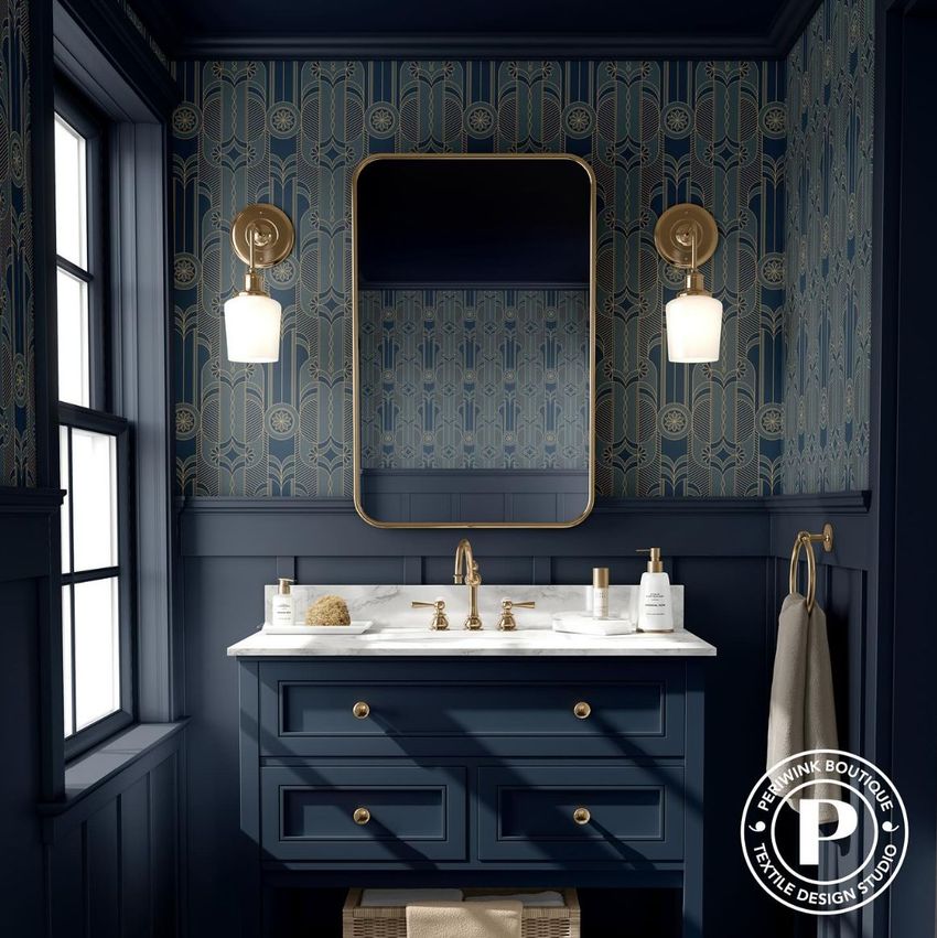Bathroom mockup showing a navy blue vanity with gold hardware, marble countertop, and art deco wallpaper under a large mirror.