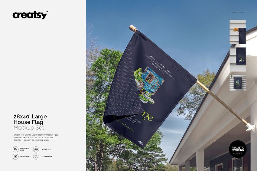 Outdoor scene showing a 28x40 inch house flag mockup on a wooden pole, featuring a vibrant printed design.