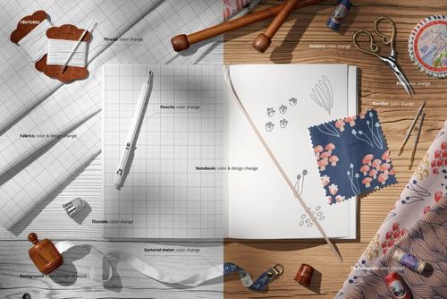 Desk setup displaying cotton fabric mockup, stationery items, sewing tools, and a notebook with design sketches.