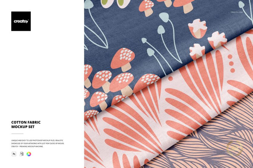Cotton fabric PSD mockup set with layered textiles in floral and mushroom motifs, photographed in detail.
