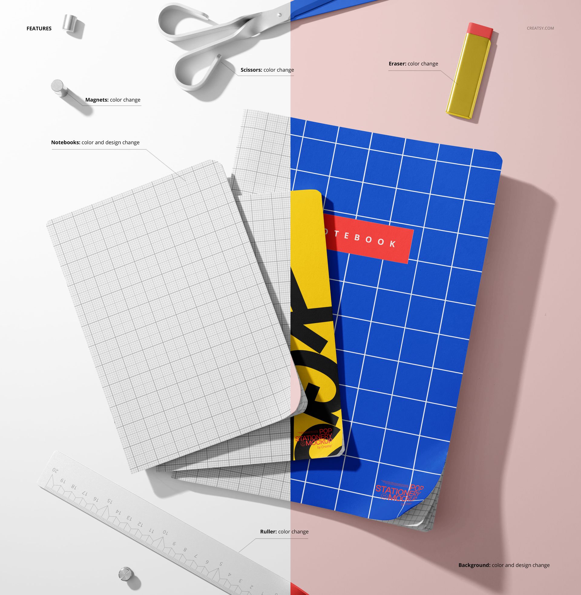 PSD mockup featuring three assorted notebooks on a clean background, surrounded by ruler, scissors, eraser, and paper clips.