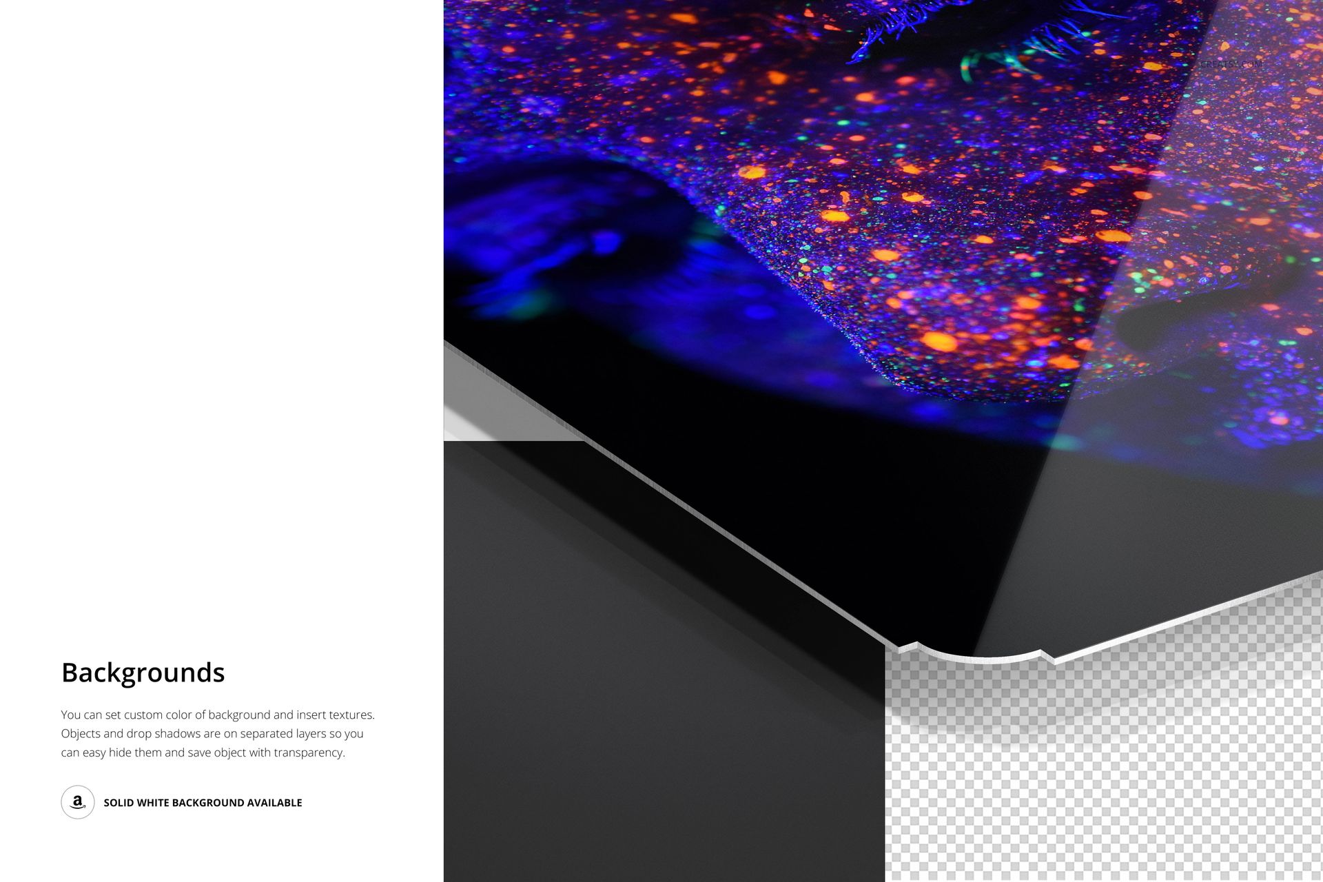 Close-up view of a glossy aluminum print mockup featuring a vibrant abstract design with orange and purple accents.