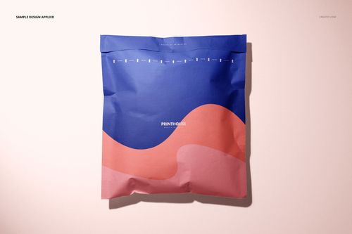 Front view of a cloth lined envelope mockup with blue and pink wavy color blocks on a light background.