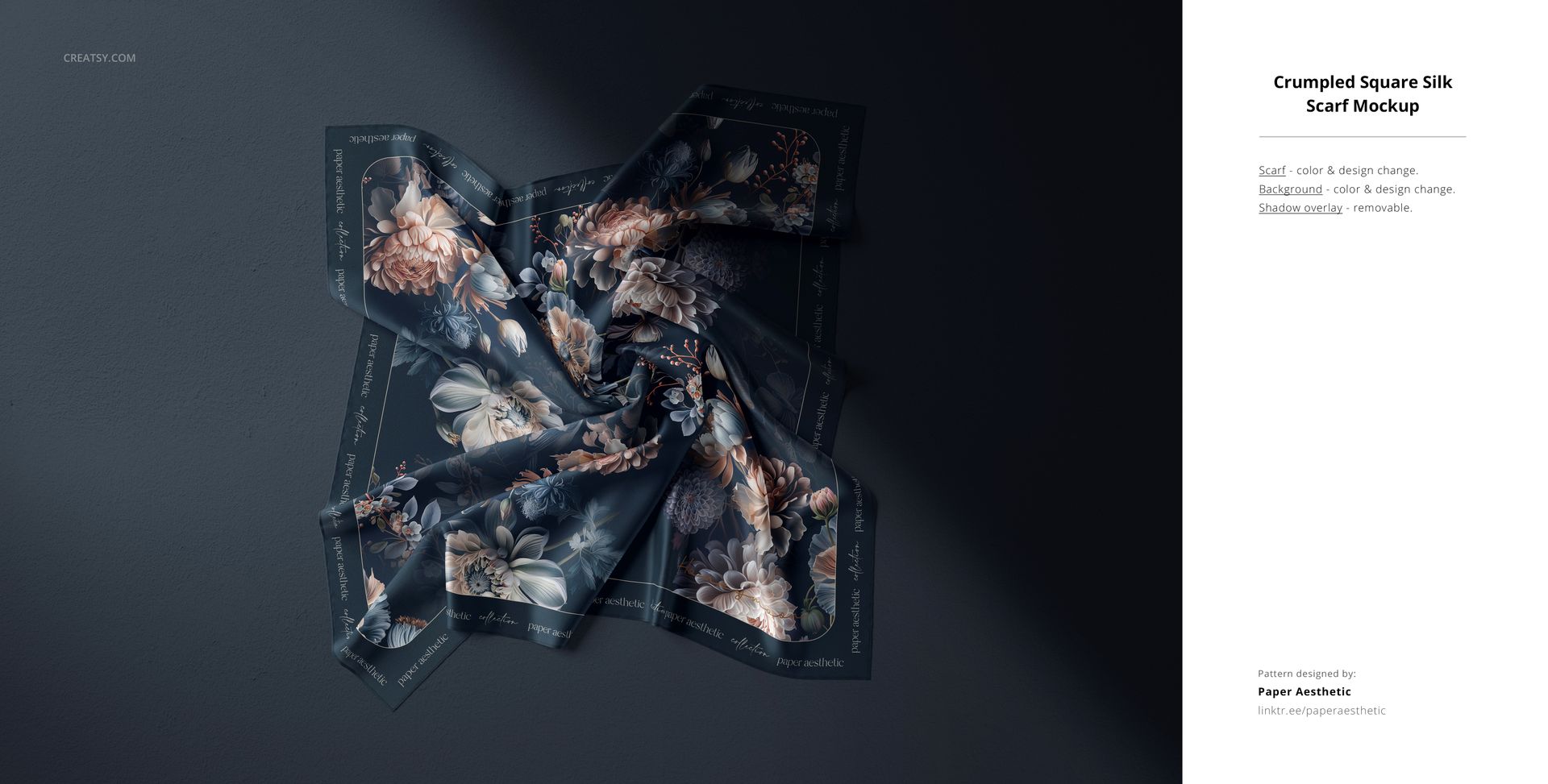 Square silk scarf mockup featuring a wrinkled fabric with detailed floral designs, displayed flat on a dark background.