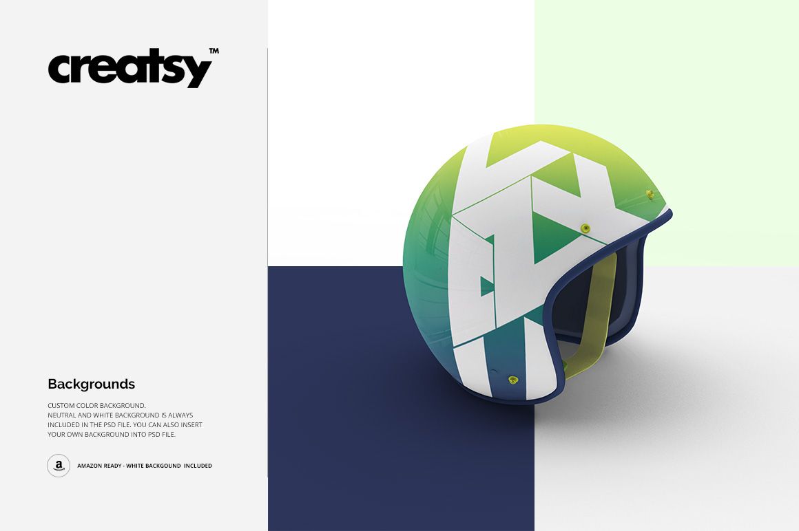 Mockup of an open face motorcycle helmet featuring abstract white lines over green and blue gradient, angled front view.