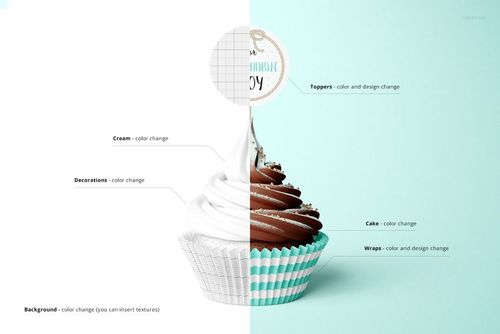 Front view of a decorated cupcake featuring a round topper, striped wrapper, and editable elements in a PSD mockup.